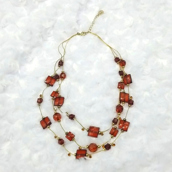 Gold Triple Layered with Amber, Brown, Gold Beads & Orange Rhinestones Necklace - Picture 2 of 6